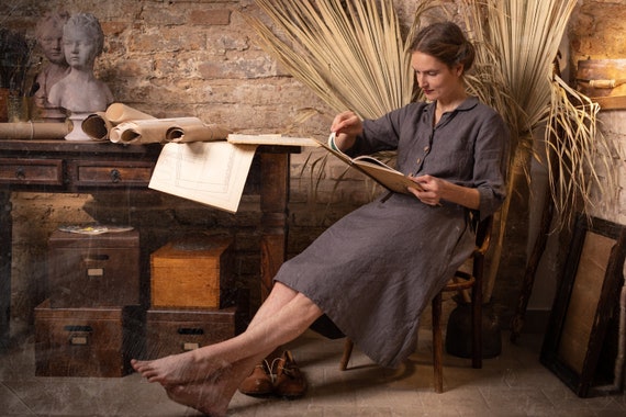 1940s Style Buttoned Linen Dress Work, Handmade Retro V-Neck Shirt Dress