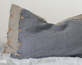 Grey Linen Pillow case With Wooden Buttons. washed