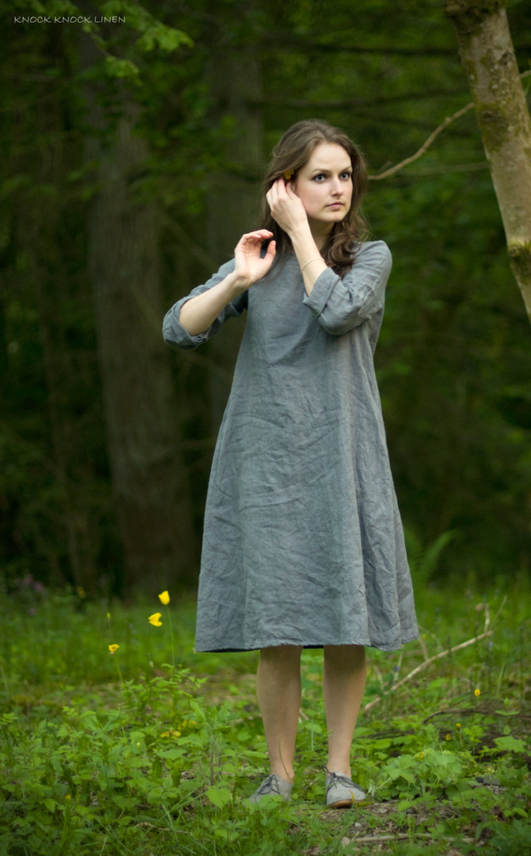 linen summer dress TRAPEZE, long sleeve midi dress linen summer dress TRAPEZE, long sleeve midi dress