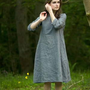 linen dress TRAPEZE | loose linen summer dress with long sleeves | summer dress women | romantic dress below the knee | boho dress