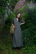 1940s inspired linen dress WORK, retro v-neck buttoned long dress, shirt dress product logo