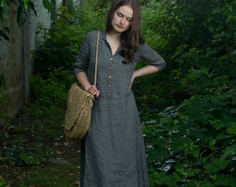 THE WORK DRESS | linen dress in maxi length | buttoned dress | retro style dress | classic linen dress | loose dress | 1940's dress