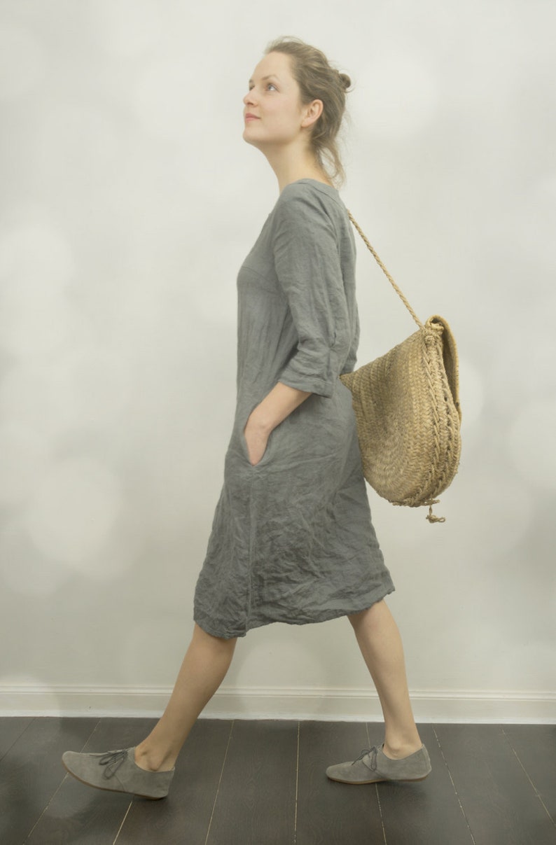 linen dress DUNE | dress with sleeves and pockets | summer dress women | below the knee dress with split neck 