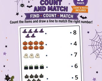 Halloween Count and Match Worksheets for Kids I Numbers 1-10 I Printable PDF