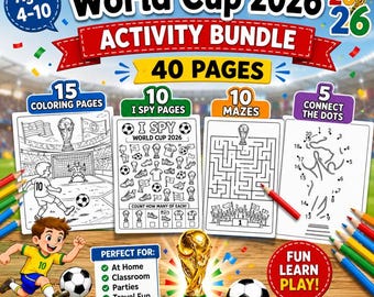 World Cup 2026 Activity Bundle | 40 Printable Pages | Coloring, I Spy, Mazes & Connect the Dots