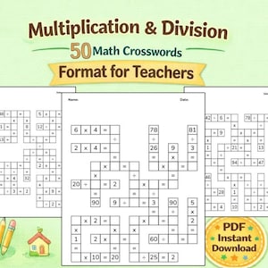 Math Crossword Puzzles | Teachers Help | Multiplication and Division | 50 Worksheets 2nd, 3rd Grade