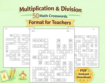 Math Crossword Puzzles | Teachers Help | Multiplication and Division | 50 Worksheets 2nd, 3rd Grade