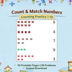 May include: Educational printable worksheet titled "Count & Match Numbers" with colorful illustrations of butterflies, ladybugs, bees, clovers, and crabs. The worksheet includes the text "Counting Practice 1-10", and the numbers 3, 4, 6, 7, and 9.