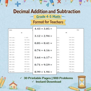 Decimal Addition and Subtraction | Teacher resource | 30 Printable Pages | 900 Problems | Grade 4–5 Math | PDF