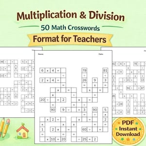 Könnte beinhalten: Ein digitaler Download mit drei Mathe-Kreuzworträtseln für Multiplikation und Division, die für Lehrer konzipiert wurden. Das Bild enthält den Text "Multiplication & Division" und "50 Math Crosswords". Ein PDF-Download ist verfügbar.