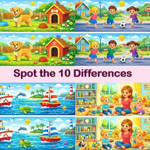 May include: A colorful children's puzzle with the text "Spot the 10 Differences." The image features cartoon illustrations of dogs, children playing soccer, boats, and a playroom with toys. The illustrations are bright and cheerful.