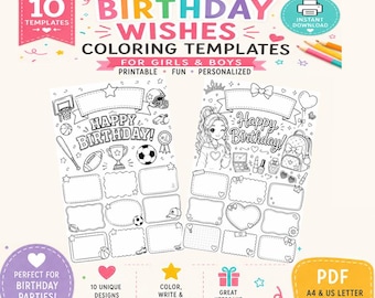 Kids Birthday Wishes Coloring Cards: 10 Printable Templates (PDF Download)
