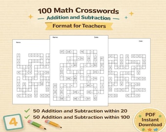 Math Crossword Puzzles | Teachers Help | Addition & Subtraction to 20 and 100