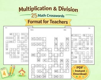 Multiplication and Division Math Crossword Puzzles | 25 Worksheets| Teachers Help | 2nd, 3rd Grade