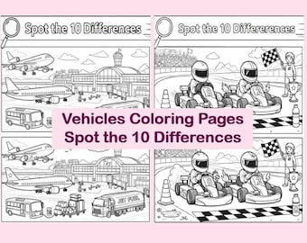 Vehicles Coloring Spot the Differences | Brain Games | Printable Activity for Kids | PDF