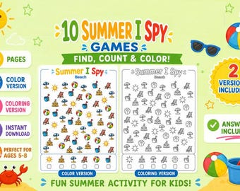 Summer I Spy Games Printable Pack | 10 Beach Find Count Color Activities (Digital Download)