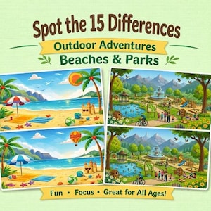 May include: A colorful puzzle book with the title "Spot the 15 Differences" and the subtitle "Outdoor Adventures Beaches & Parks." The image shows two sets of illustrations of beaches and parks, with the text "25 Puzzles" and "15 Differences in Each!"
