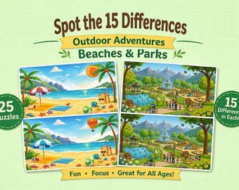 Summer Outdoor Adventures – 25 Spot the Difference Pages | Beaches & Parks Activity | Kids Puzzle | Printable PDF
