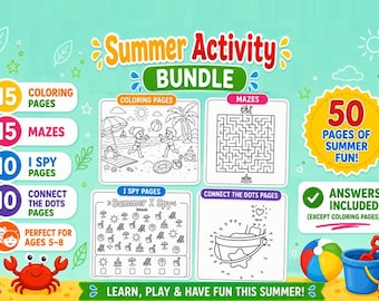 Summer Activity Bundle | Coloring Pages, Mazes, I Spy, Connect Dots (Digital Download)