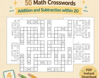 Math Crossword Puzzles | 50 Addition & Subtraction Worksheets within 20 | 1st grade  | Printable PDF