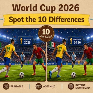 May include: A digital illustration for a World Cup 2026 game. The image features two side-by-side scenes of a soccer match with players in yellow and red jerseys. The text reads "Spot the 10 Differences" and "10 Fun Games".