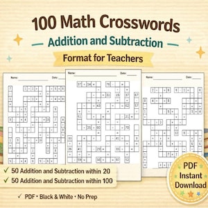 Math Crossword Puzzles | Teachers Help | Addition & Subtraction to 20 and 100