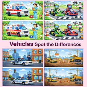 Vehicles Spot the Differences | Brain Games | Printable Activity for Kids | PDF