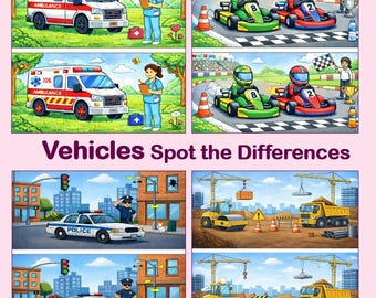 Vehicles Spot the Differences | Brain Games | Printable Activity for Kids | PDF