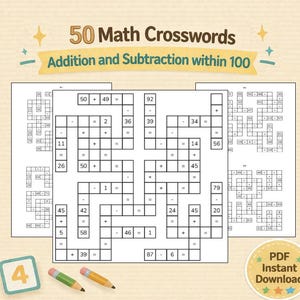 Cruciverba matematici con numeri a due cifre / 50 esercizi di addizione e sottrazione entro il 100 / PDF stampabile