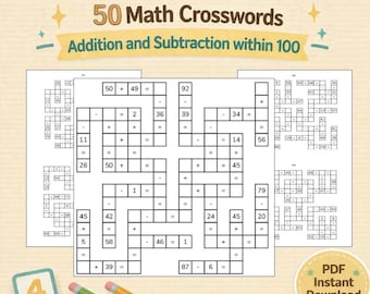 Math Crossword Puzzles with Two-Digit Numbers | 50 Addition & Subtraction Worksheets within 100 | Printable PDF