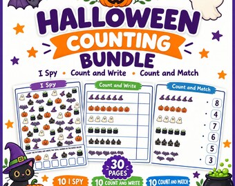 Halloween Counting Bundle | I Spy, Count and Write, Count & Match Worksheets | 30 Pages