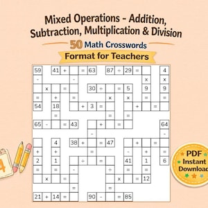 Könnte beinhalten: Ein Mathe-Kreuzworträtsel-Arbeitsblatt mit dem Titel Mixed Operations - Addition, Subtraction, Multiplication & Division, das 50 Rechenaufgaben in einem Raster enthält. Enthält zwei gelbe Bleistifte, einen kleinen Notizblock mit der Zahl 4 und ein PDF-Abzeichen.