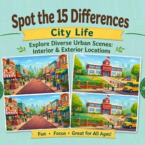 May include: A puzzle book titled "Spot the 15 Differences" with "City Life" theme. The cover features two sets of illustrations: a city street and a school scene. Text includes "Explore Diverse Urban Scenes: Interior & Exterior Locations". Includes "25 Complex Puzzles".