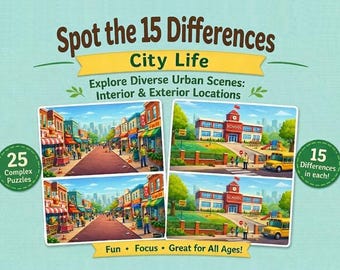 City Life Spot the Differences | 25 Brain Games Pages| Printable Activity | PDF