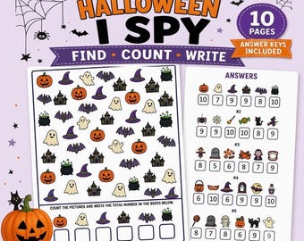 Halloween I Spy Printable | Find Count Write Halloween Activity | 10 Pages + Answer Keys PDF