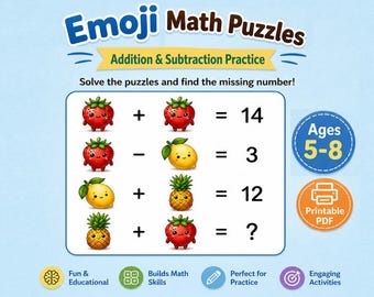 Addition and Subtraction Logic Puzzles with Pictures | Math Emoji Worksheets (Printable PDF)