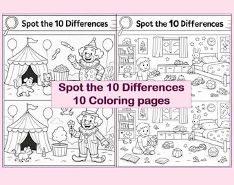 Spot the Differences Coloring Pages |10 Brain Games | Printable Activity for Kids | PDF