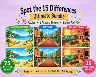 Spot the Differences Bundle | 75 Printable Puzzles for Kids | Busy Book PDF