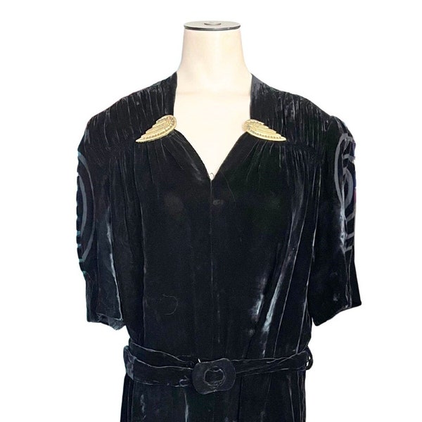 Vintage Antique 1920s 30s Black Velvet Dress with Wing Brooches // Size L XL 12 14 16