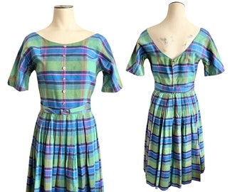 Vintage 1960s Misses' Jonathan Logan Blue Green Plaid Dress // Size XS 0 2