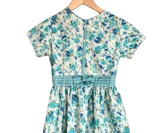 Vintage 1960s Cinderella Girls' White Teal Navy Floral Short Sleeve Dress // Size 12