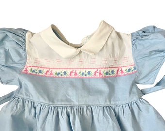 Vintage 1950s Betsy Belle Light Blue Cotton Dutch Design Toddler Girls' Dress  // 18 Months