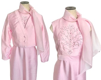 Vintage 1960s Misses' Sylvia Ann Beaded Dress with Attached Scarf and Jacket Set // Size XS 0 2