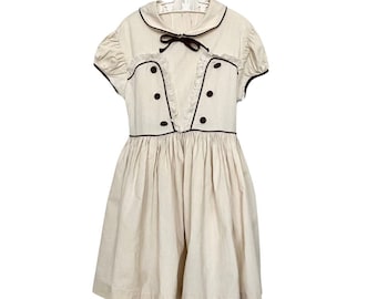 Vintage 1950s Cream and Brown Cotton Toddler Girls' Dress  // Size 3T4T