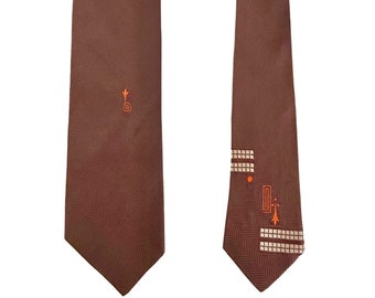 Vintage 1940er 50er Jahre Herren-Krawatte aus pfeilbrauner Seide mit weißer und oranger Mid-Century Modern-Stickerei
