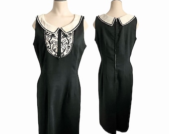 Vintage 1960s Black Cotton Dress with Jeweled Bib Neckline // Size M 8 10