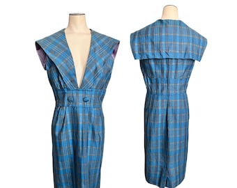 Vintage 1960s Blue and Black Sailor Collar Jumper Dress // Medium 4 6 8