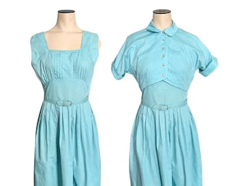 Vintage 1950s 60s Misses' Jo White Turquoise Cotton Sundress and Short Sleeve Jacket Set // Size Small 4 6