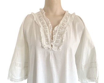 Vintage Antique Late 1800s Early 1900s Victorian Edwardian Women's White Cotton Nightgown M L XL