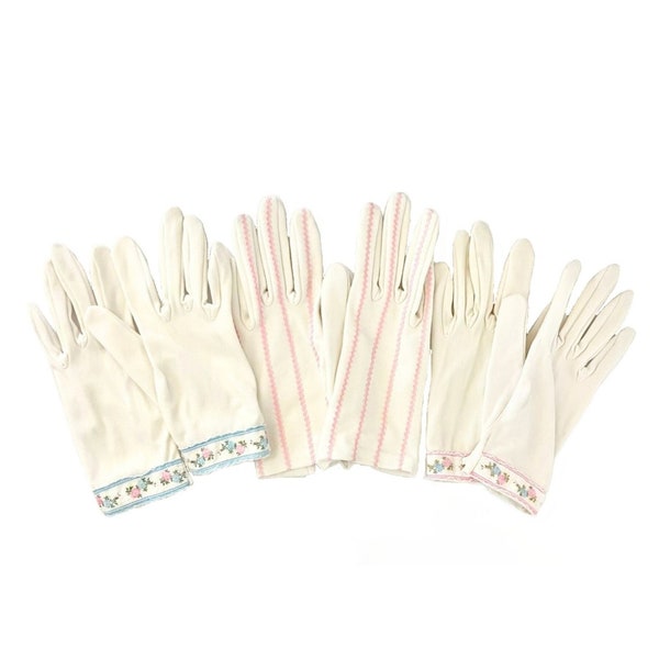 Vintage 1950s 60s Lot of 3 Pairs of Ladies' Gloves Pink Blue White // Size 6 1/2